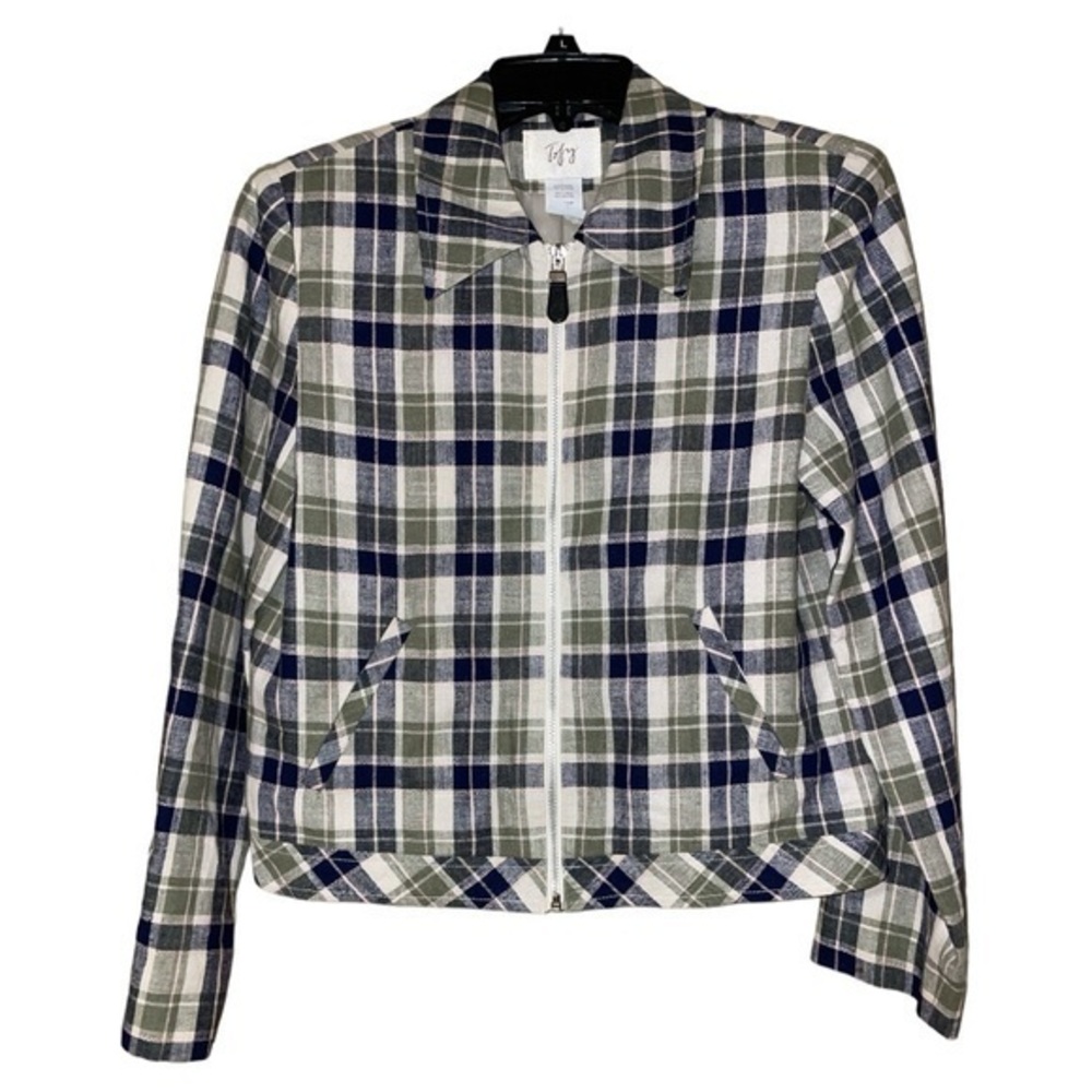 Tofy Vtg Women’s Linen Blend Plaid Zip Jacket Navy Green Tan Plaid Lined Size‎ 8
